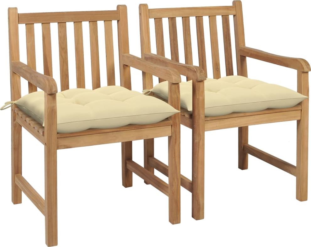 vidaXL Krzesła ogrodowe, 2 szt., kremowe poduszki, lite drewno tekowe