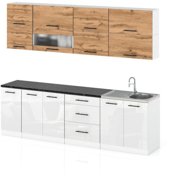 Meble Kuchenne Modułowe Kuchnia Robo Lux 2.6m Zestaw Dąb Wotan Biały Połysk