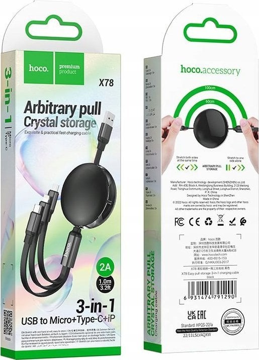 Kabel USB Hoco USB-A - USB-C + microUSB + Lightning 1 m Czarny