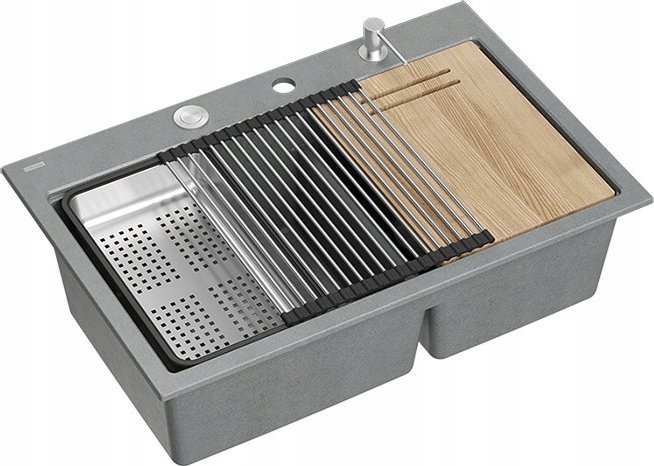 Zlewozmywak GraniteQ MARC 120 WORKSTATION GraniteQ zlewozmywak 2-komorowy 760*500*235 mm silver stone + syfon push to open + dozownik stal szcz.+ wkła