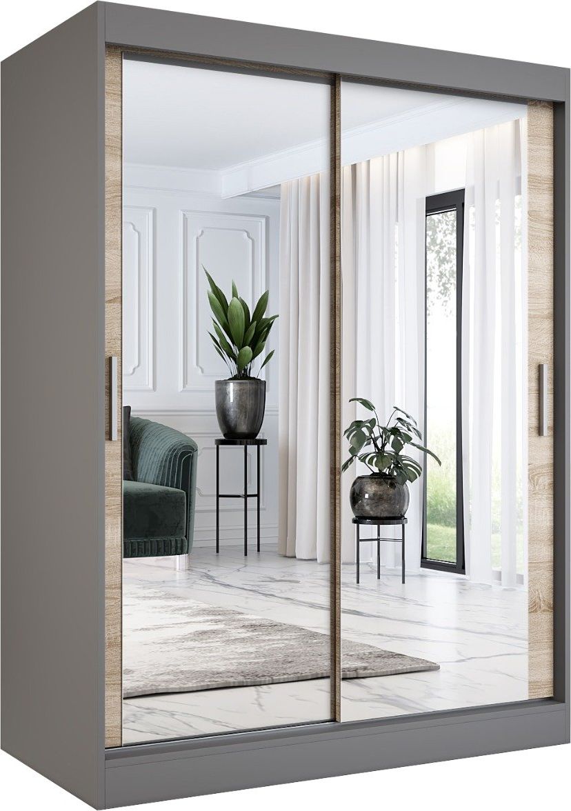 MKPOL Szafa przesuwna MODUO COMFORT 150 antracyt/dąb sonoma z dwoma lustrami