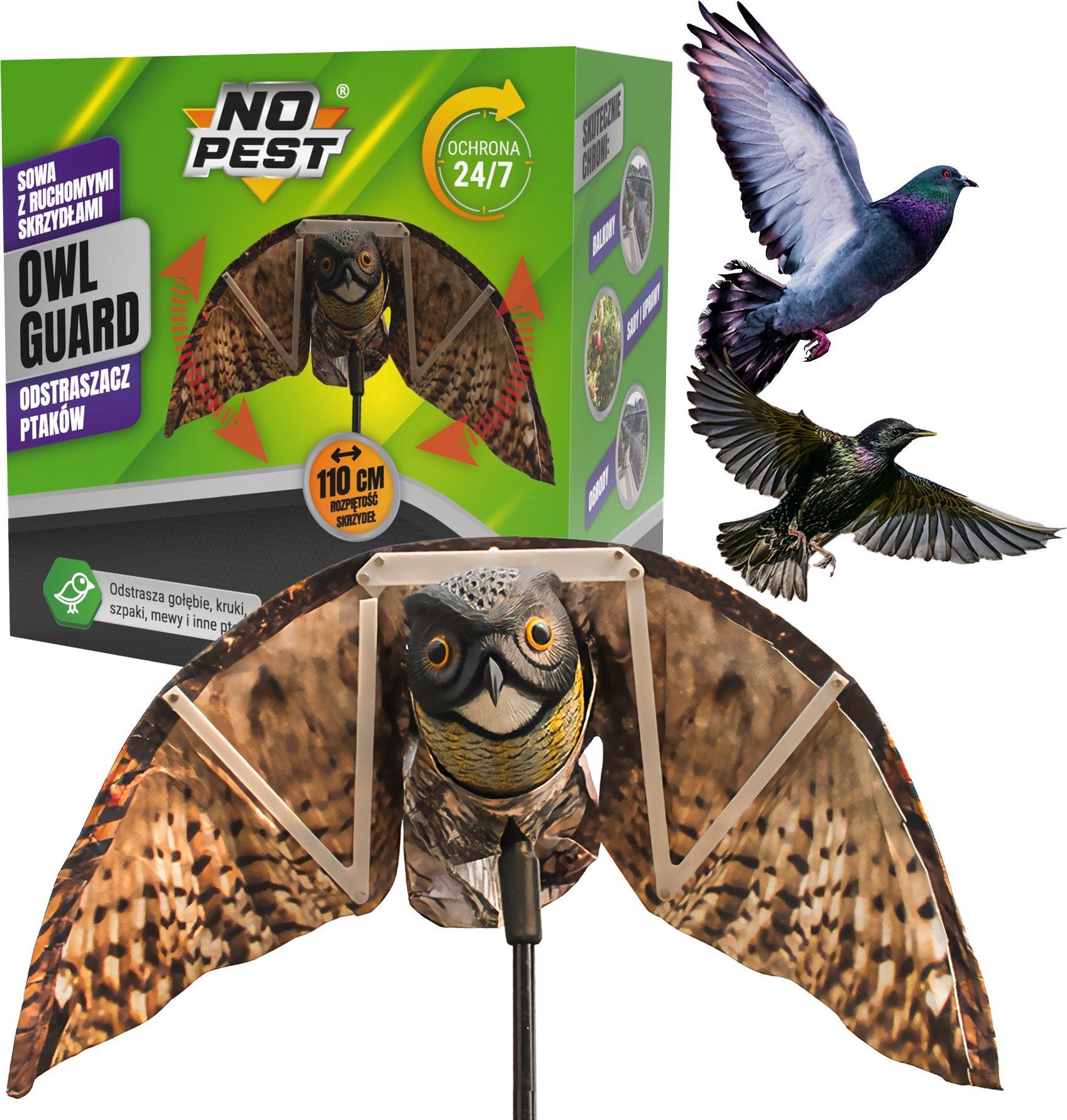 Odstraszacz Ptaków Szpaków Kosów Gołębi Dzięciołów Mew Sowa z Ruchomymi Skrzydłami "Owl Guard"