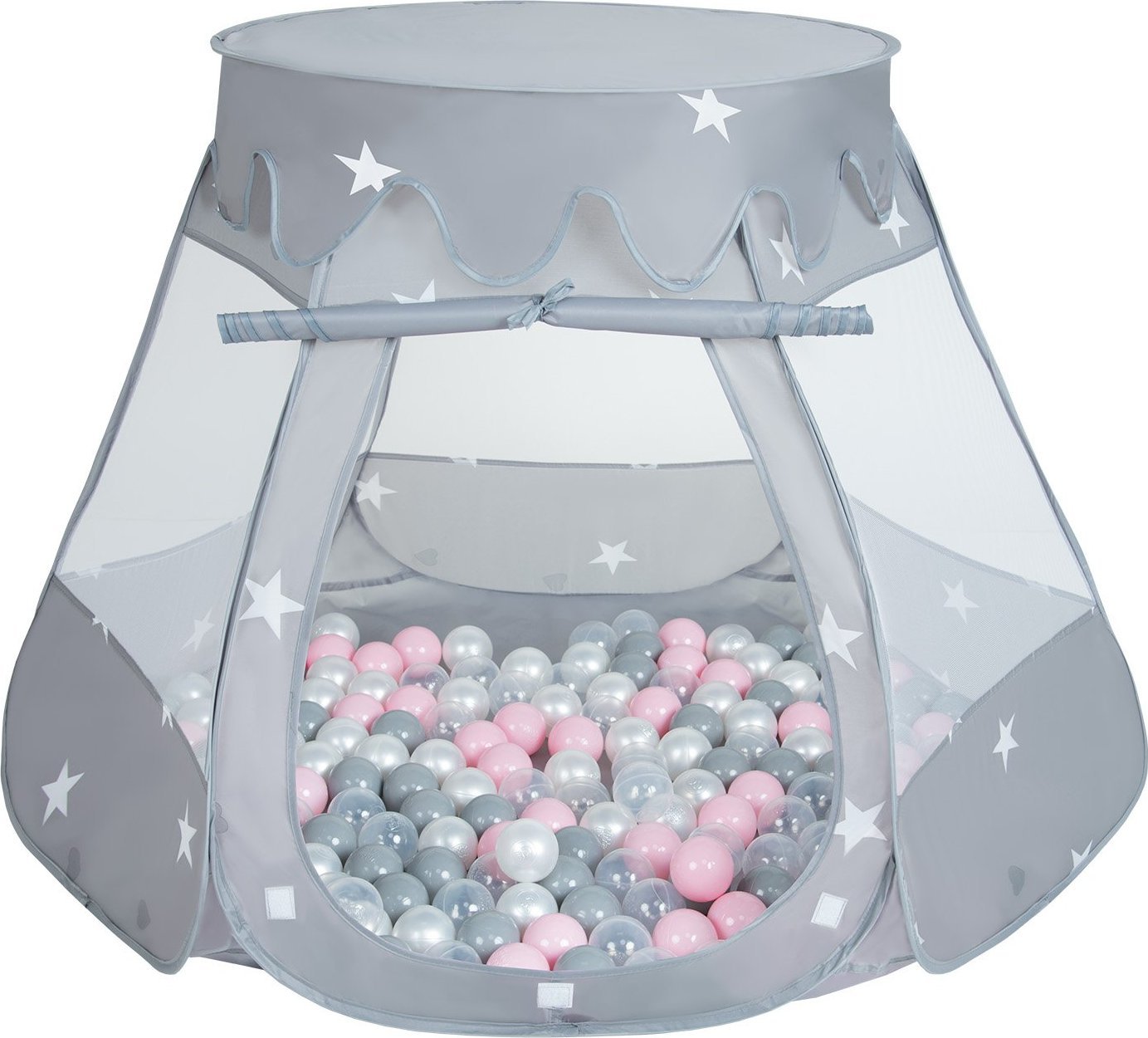 Selonis Selonis Namiot zamek NZ-100X z piłeczkami 6cm szary: perła-szary-transparent-pudrowy róż 105x90cm/300piłek Zabawka namiot dla dzieci