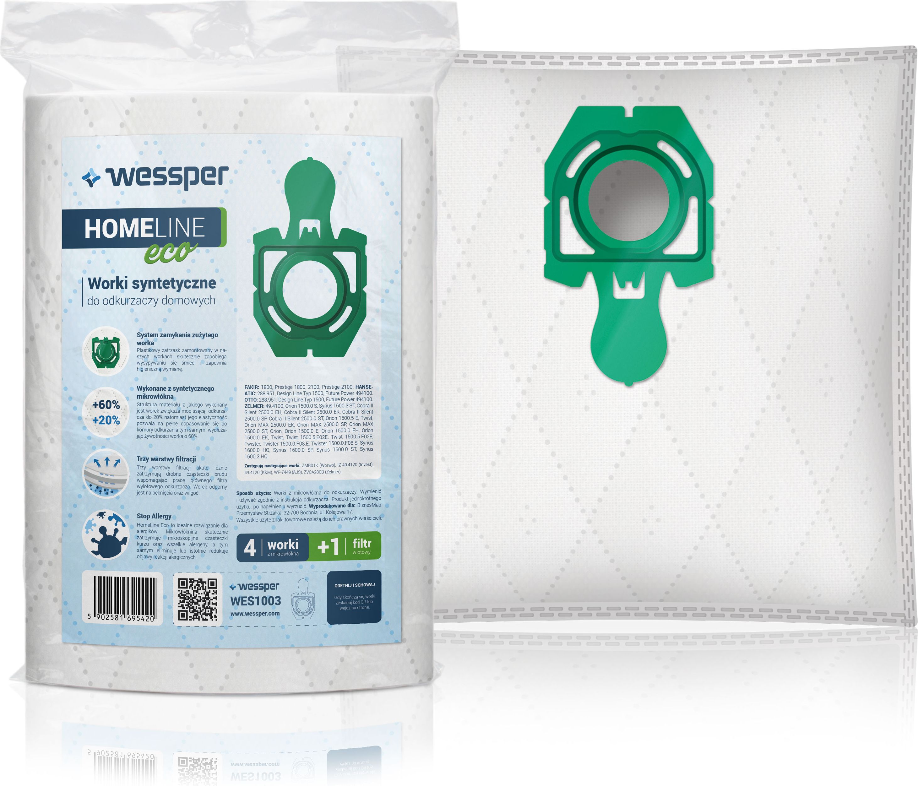 Worek do odkurzacza Wessper do Zelmer Syrius Orion Cobra ZZMB01, IZ-49.4120PF, 49.4120, Safbag Zielony - syntetyczne 4 sztuki + filtr