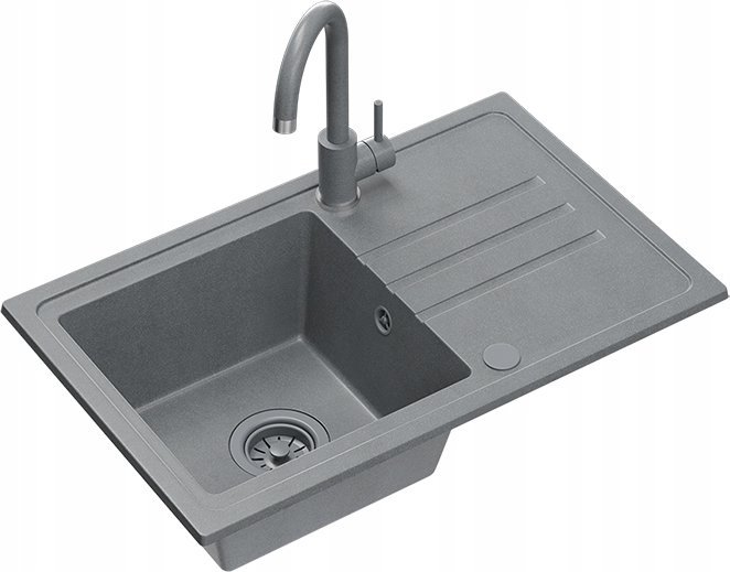 Zlewozmywak BEN 111 zlewozmywak granitowy silver stone 70x44 z szarą baterią ze stałą wylewką, z szarym syfonem i szarą zaślepką