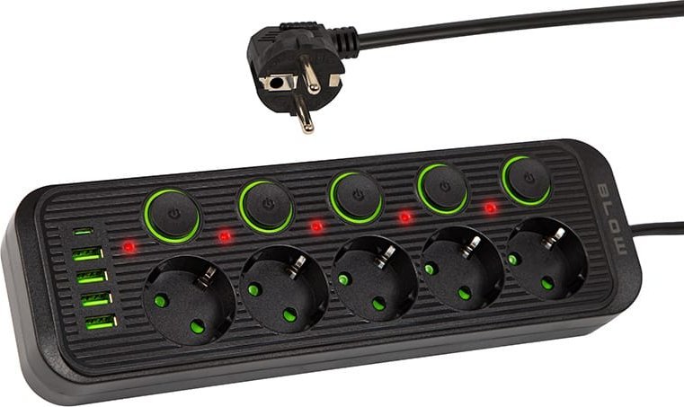Blow Przedłużacz sieciowy PS-550S 5-Gniazd 4xUSB 1xUSB-C 5m czarny 2x1mm