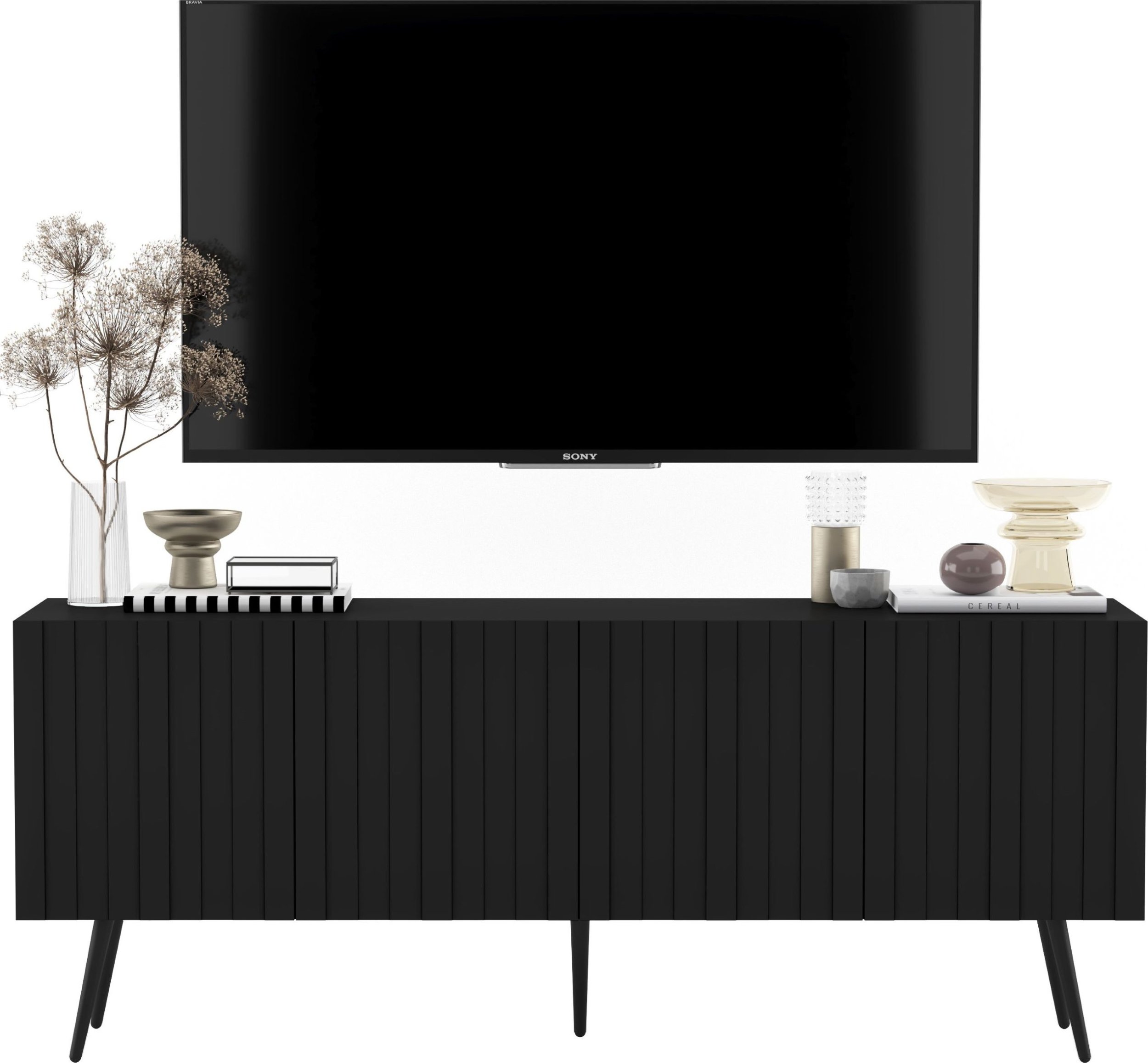 Meble Lindner Meble Lindner Komoda RTV Glamour Szafka RTV Glamour Czarna 150 cm Ryflowane fronty Nogi Czarne Metalowe