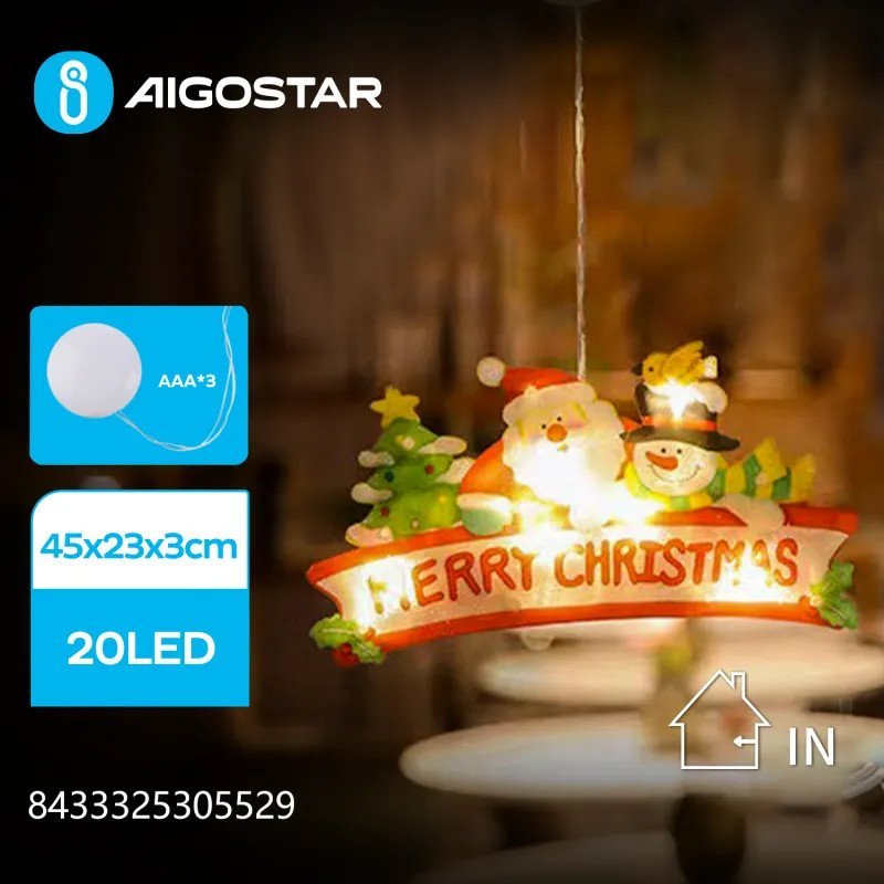 Dekoracja świąteczna Aigostar Zawieszka świąteczna na okno na baterie z przyssawką Merry Christmas, duża, Ciepła Zawieszka świąteczna na okno na bate