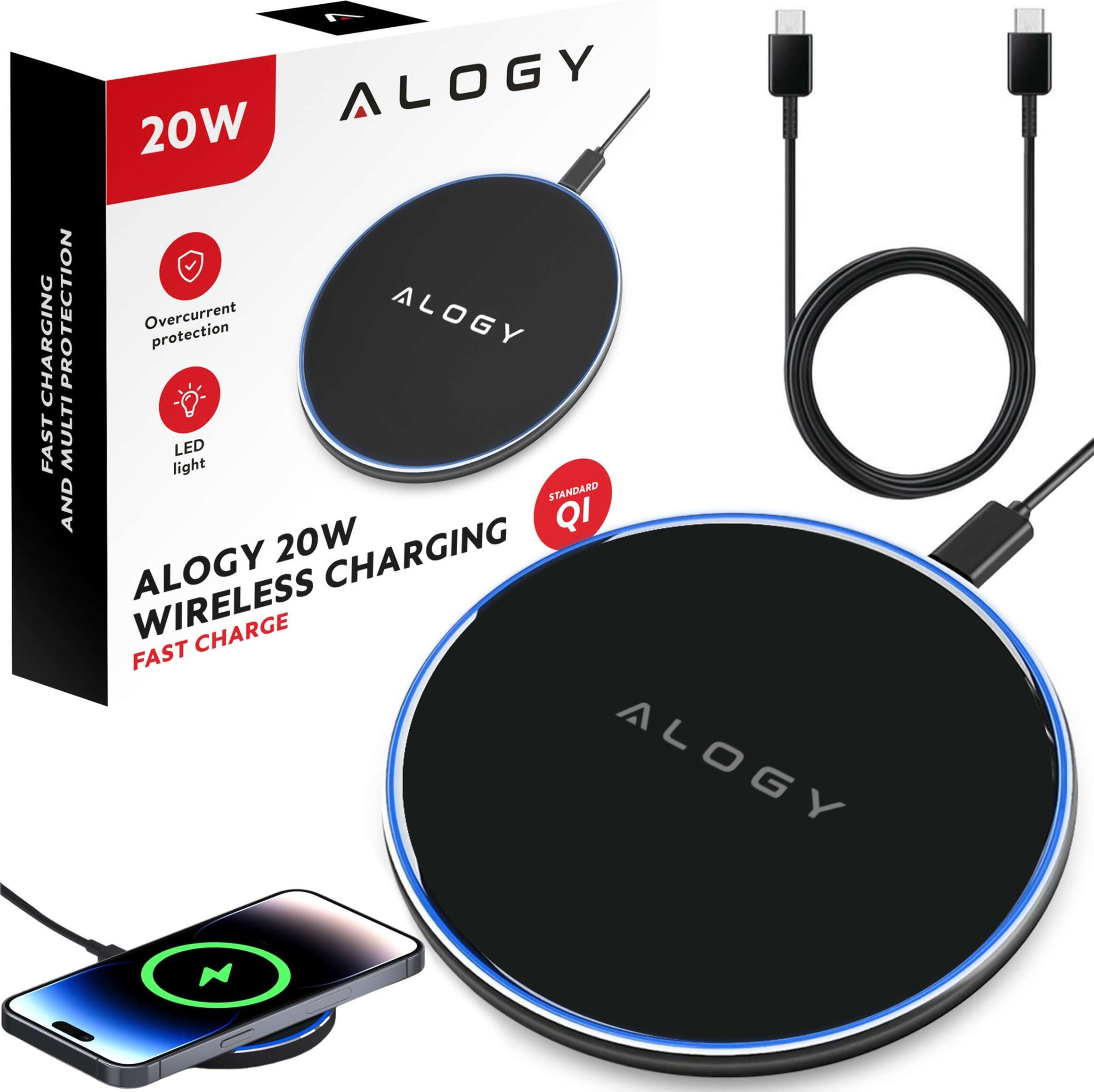Ładowarka Alogy Ładowarka indukcyjna QI bezprzewodowa 20W szybka LED Alogy okrągła mocna + kabel USB-C Czarna