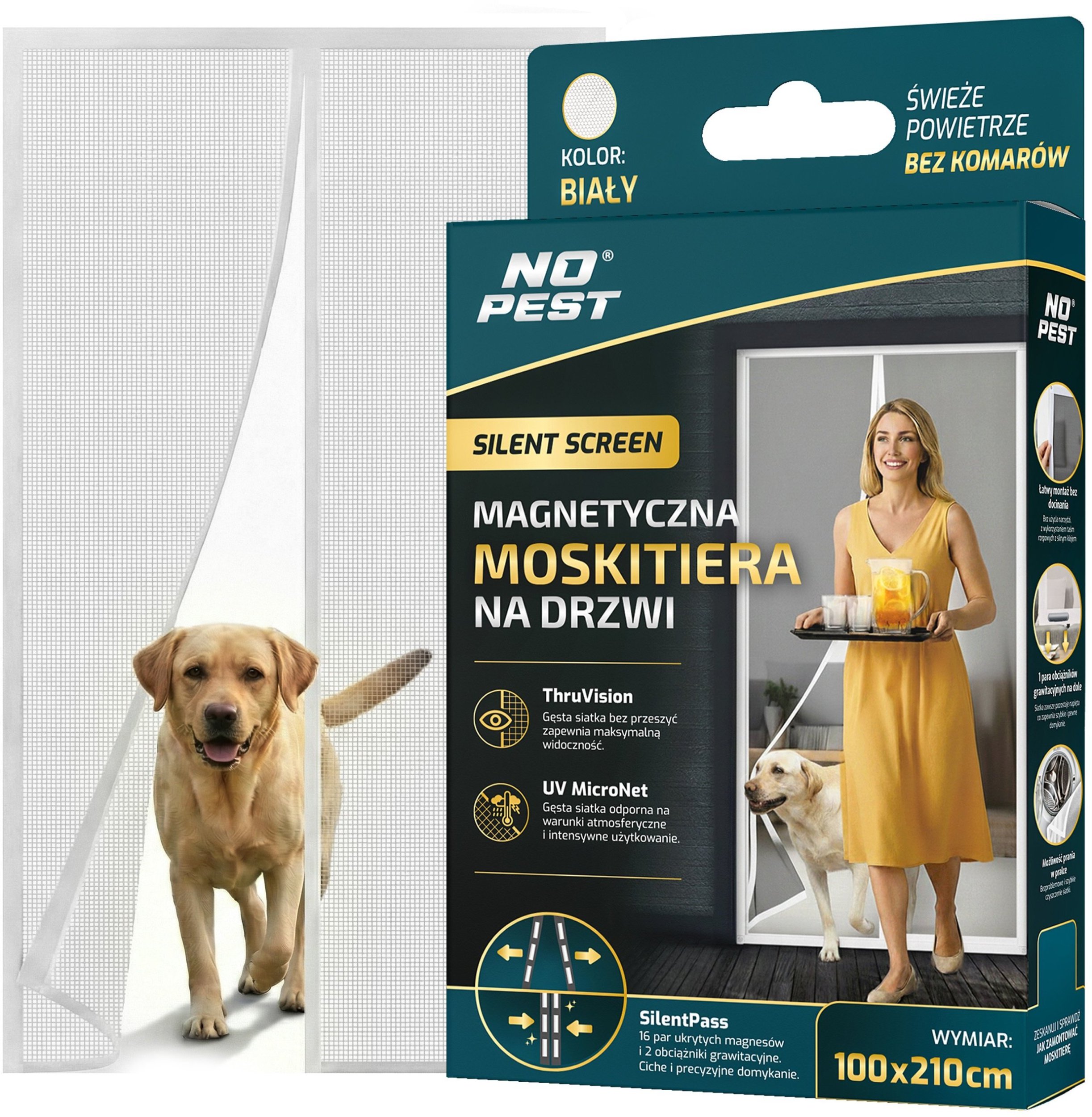 Moskitiera na Drzwi Balkonowe Magnetyczna Siatka na Komary Muchy Osy "Silent Screen" Biała 210x100cm
