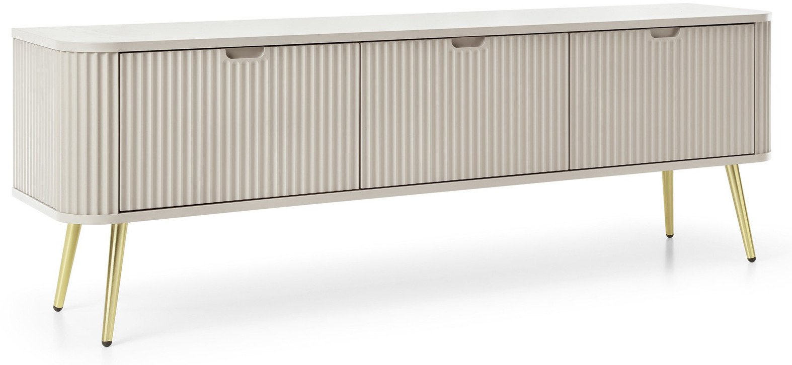 Szafka RTV Porto 168cm w kolorze cashmere trzydrzwiowa z ryflowanymi frontami i złotymi nogami
