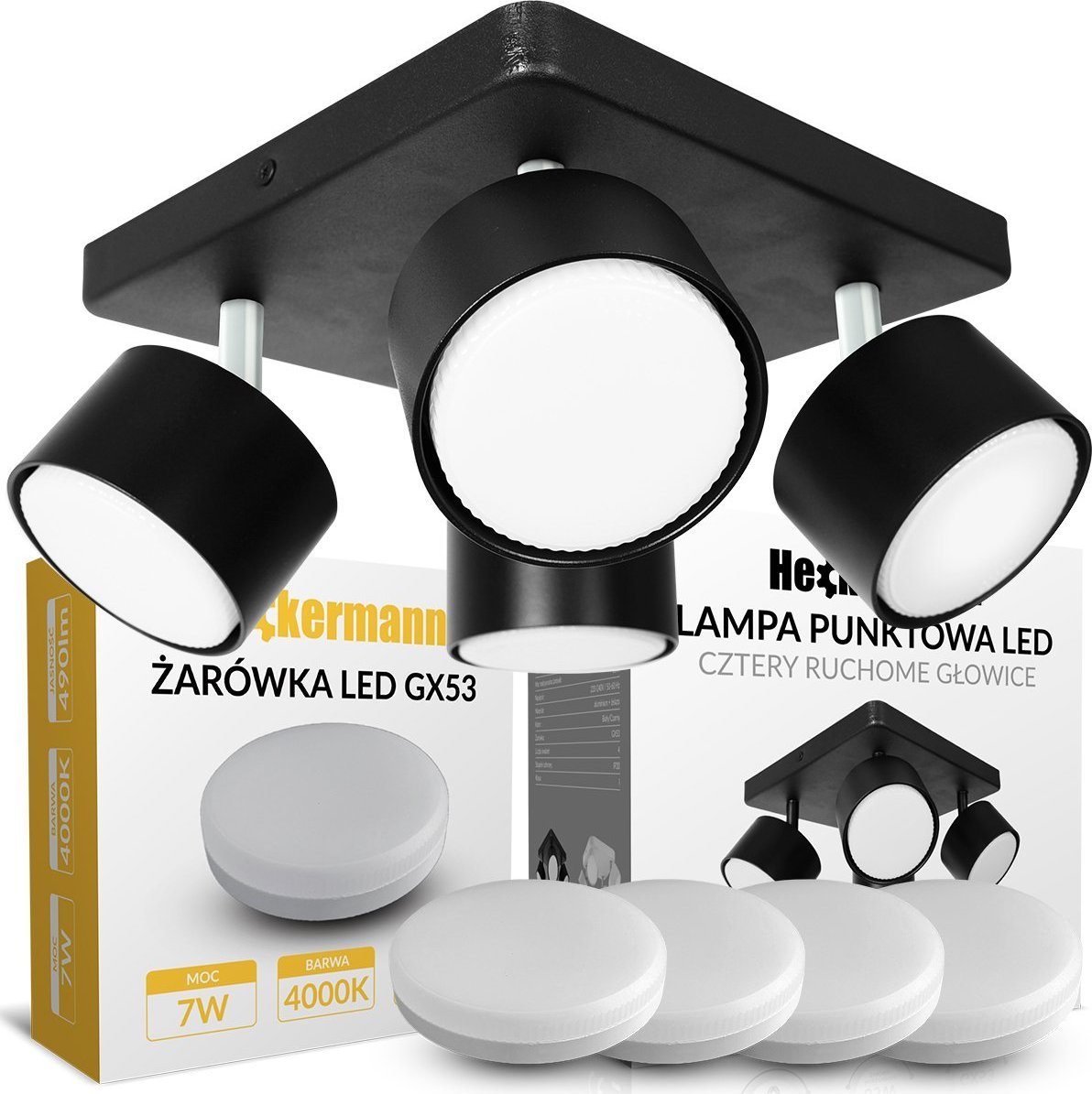 Lampa sufitowa Heckermann Zestaw Lampa punktowa LED Heckermann 8795318A Czarna 4x głowica + 4x Żarówka LED Heckermann GX53 7W Neutral