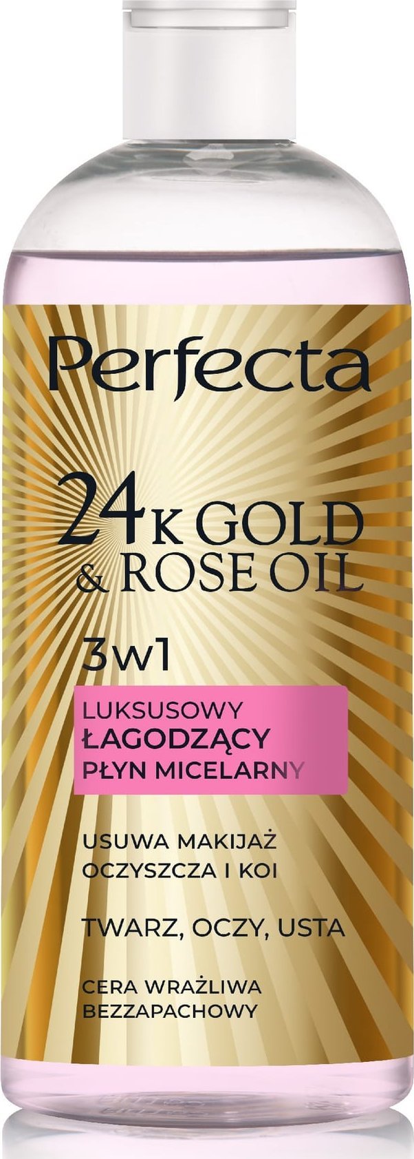 Perfecta 24K Gold & Rose Oil Luksusowy łagodzący płyn micelarny do cery wrażliwej 400ml