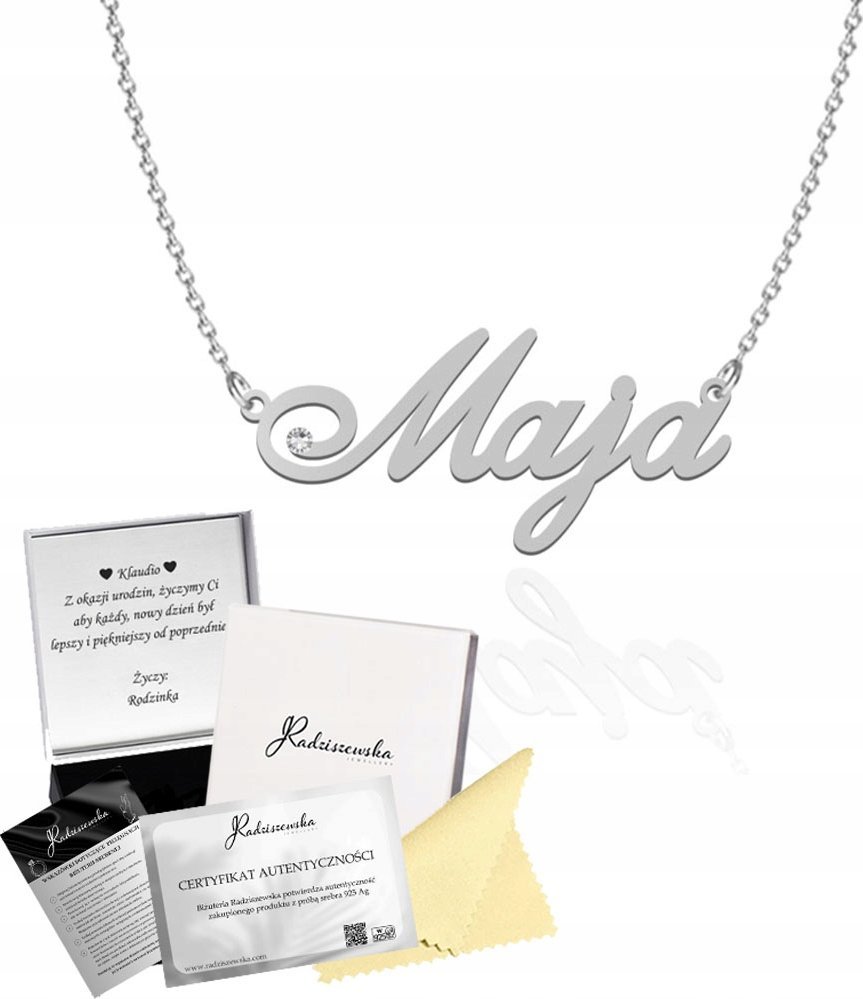 Radziszewska Jewellery Naszyjnik z imieniem Maja SREBRO 925 Prezent Biżuteria ŻYCZENIA GRATIS