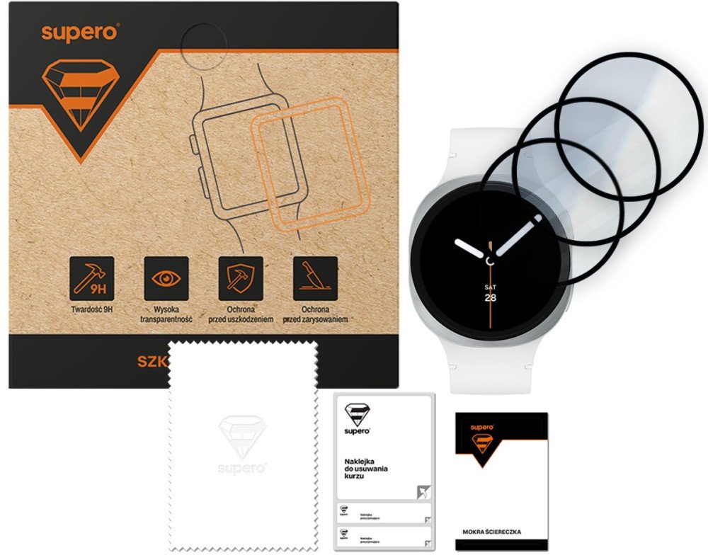 Szkło hartowane ochronne Supero do Samsung Galaxy Watch 8 40mm, przezroczyste z czarną ramką.