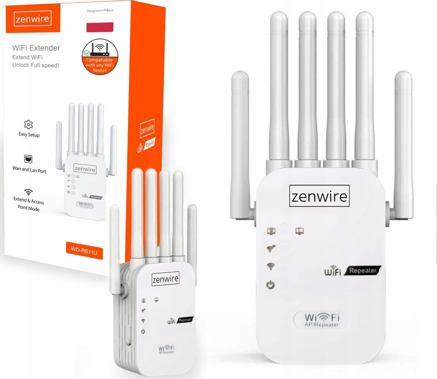 Access Point Zenwire Mocny Wzmacniacz Sygnału Zasięgu Sieci Wifi 5G Repeater Zewnętrzny Extender Zenwire WD-R611U 300 Mb/s