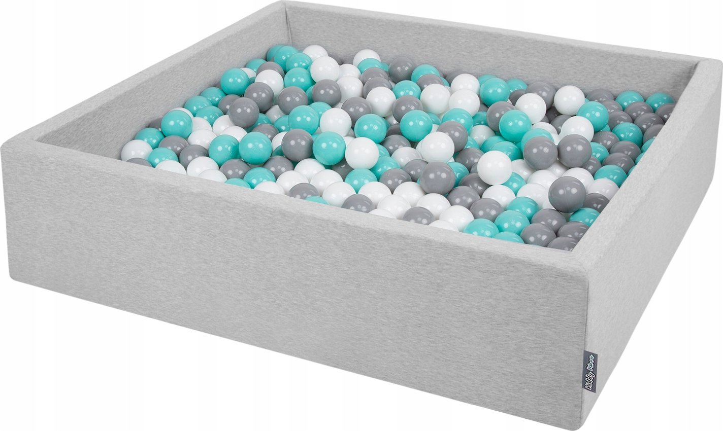 KiddyMoon Suchy basen kwadratowy z piłeczkami 7cm 120x30 jasnoszary: biały-szary-jasny turkus 120x30/1000piłek Zabawka basen piankowy