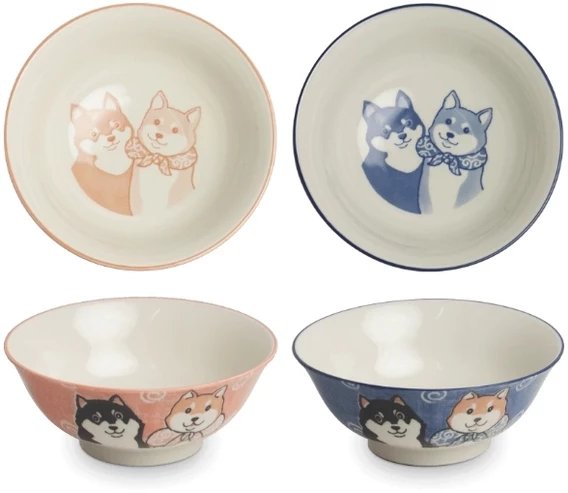 Zestaw 2 japońskich misek do ramenu, udonu pieski Shiba różowa i niebieska 15 x 7 cm - Emro