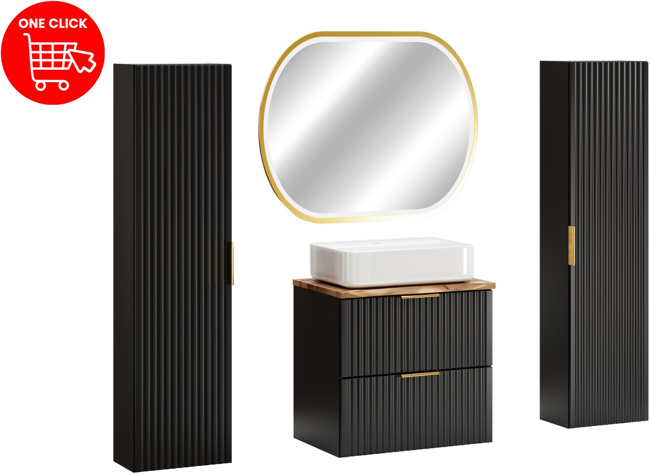 Zestaw meblowy 60cm z blatem, umywalką nablatową Magic, szafkami wysokimi i lustrem LED