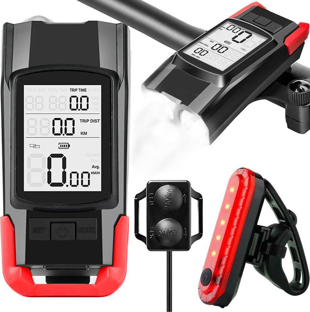 Verk Lampka rowerowa przednia tylna led licznik bezprzewodowy klakson głośny 3w1 Lampka rowerowa przednia tylna led licznik bezprzewodowy klakson głoś