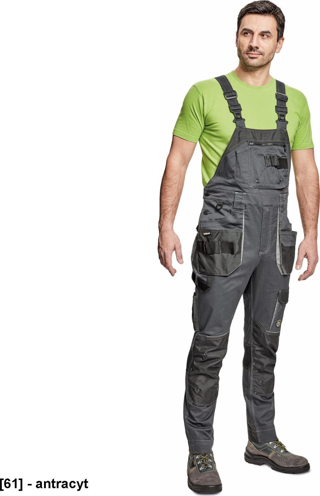 CERVA DAYBORO ogrodniczki - męskie ogrodniczki robocze, odblaskowe elementy, 62% bawełna, 32% poliester, 3% spandex - antracyt 64