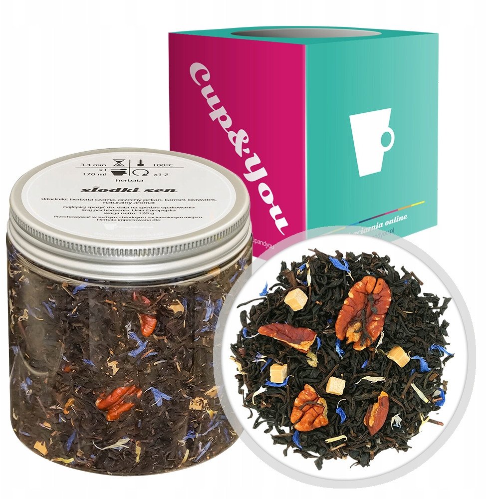 Herbata czarna SŁODKI SEN bławatek orzechy pekan karmel 120g - sypana liściasta herbata PREMIUM Cup&You