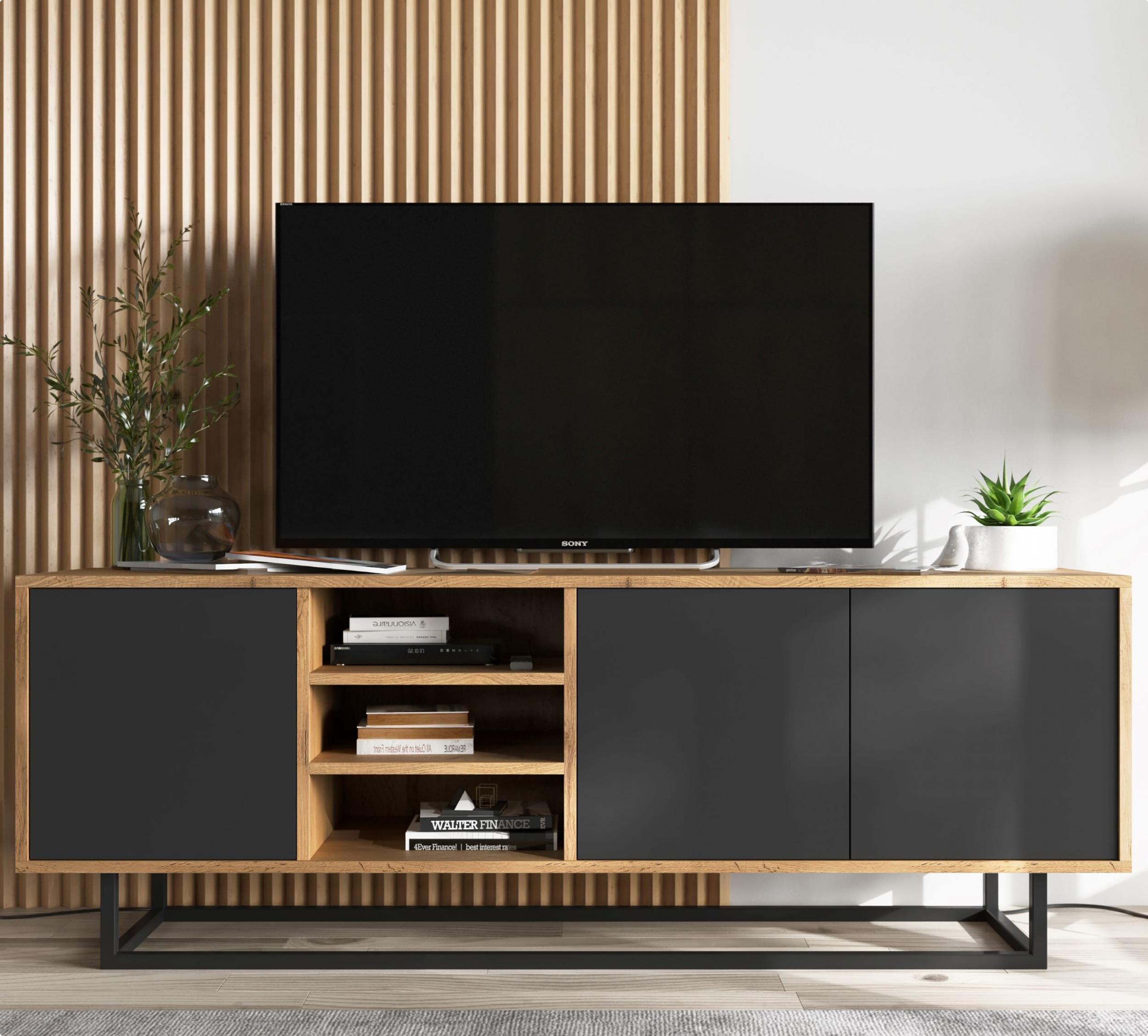 Meble Lindner Szafka RTV Loft Industrialna Komoda RTV Dąb wotan czarny MAT 150 cm