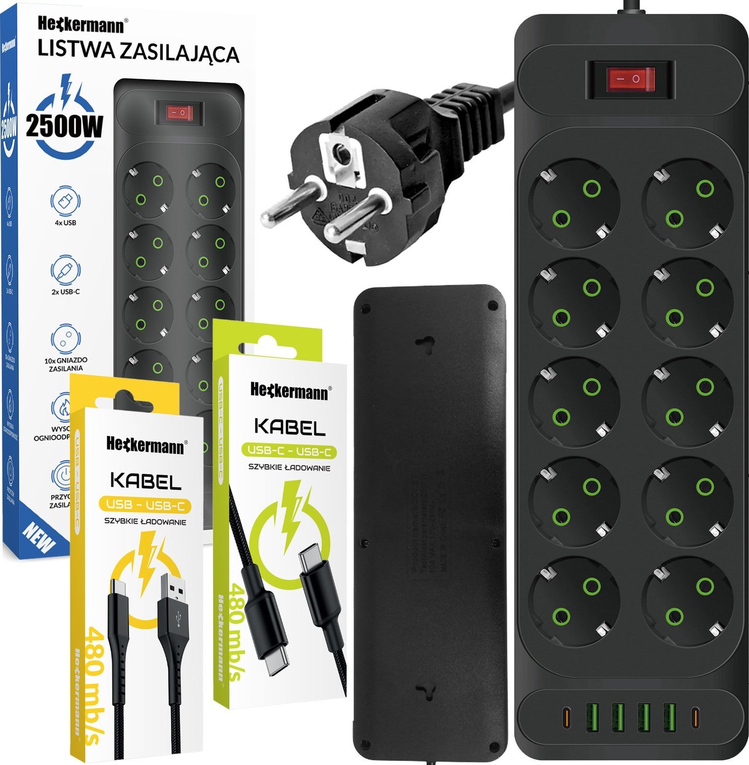 Listwa zasilająca Heckermann Listwa zasilająca Heckermann F35U + Kabel USB A-C AD-609CTS + Kabel USB C-C 610CC