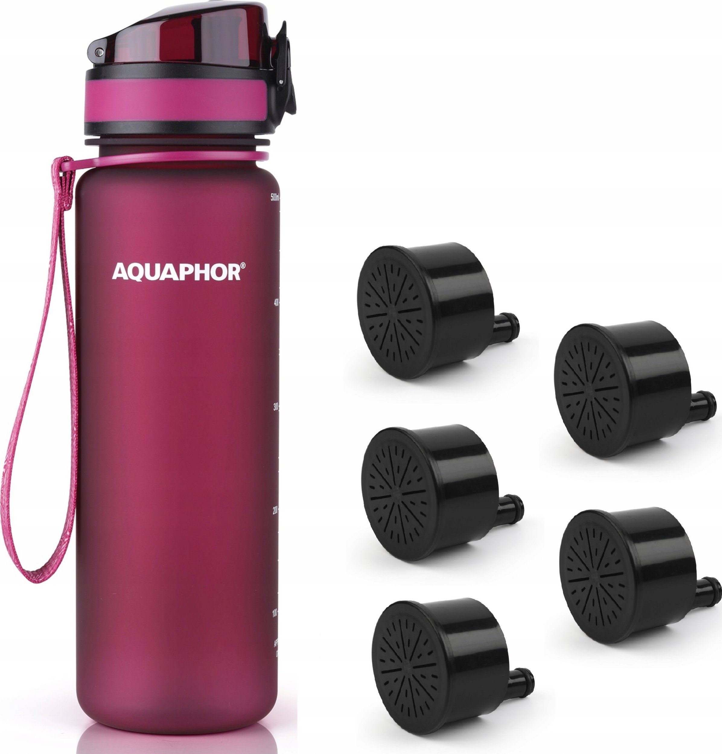 Butelka filtrująca Aquaphor City 500 ml + 5 filtrów, bordowa