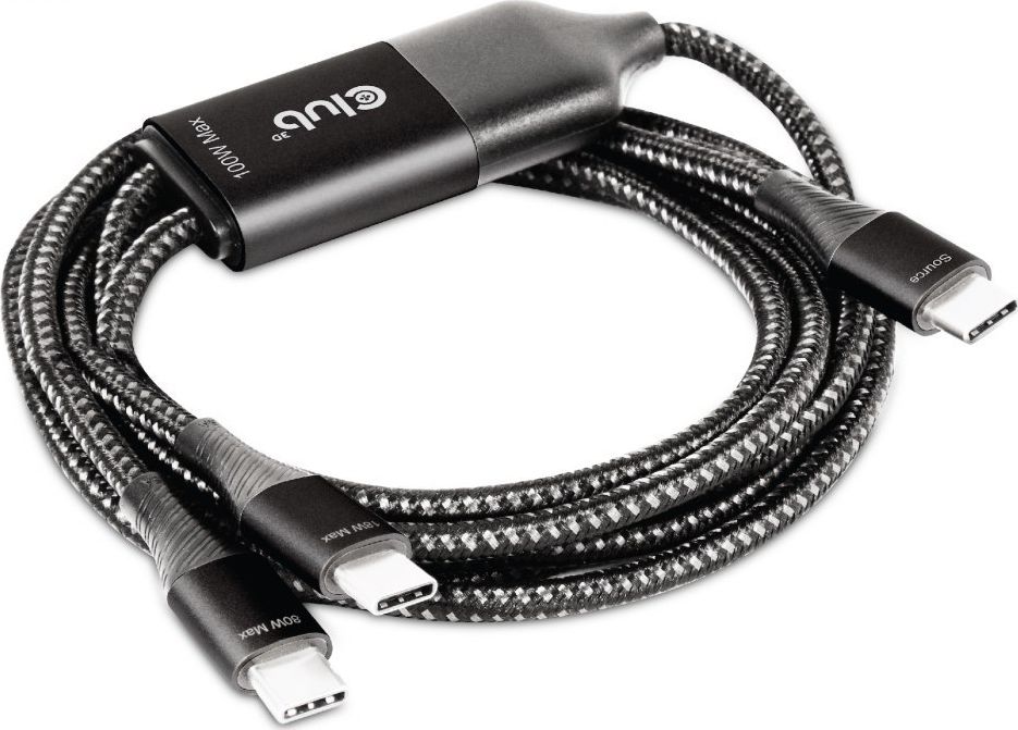 Adapter AV Club 3D Kabel do ładowania Club3D USB typu C, kabel do ładowania Y do 2x USB typu C maks. 100 W, 1,83 m / 6 stóp M / M