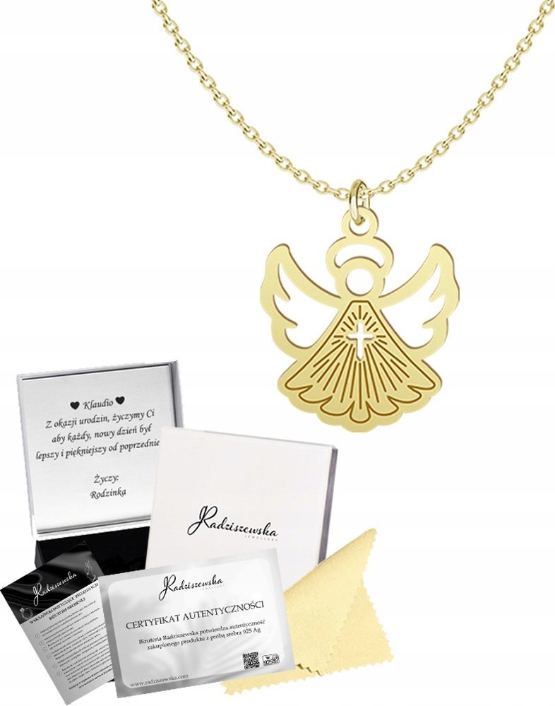 Radziszewska Jewellery Złoty Naszyjnik na KOMUNIĘ Aniołek Łańcuszek SREBRO 925 Prezent GRAWER