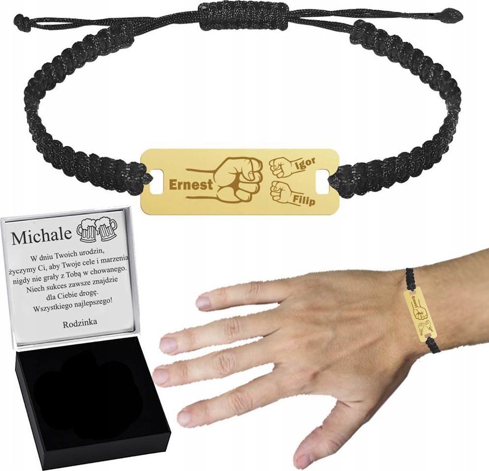 Radziszewska Jewellery Bransoleta Złota dla Taty z Grawerem Tata Dzieci SREBRO 925 Sznurek Prezent