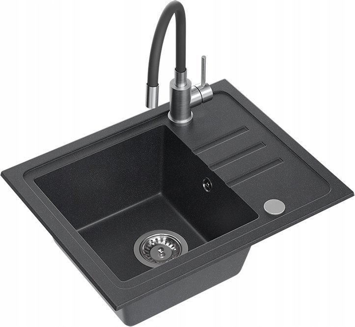 Zlewozmywak BEN 116 zlewozmywak granitowy black dotted 55x44 z czarną baterią z elastyczną wylewką, ze stalowym syfonem i zaślepką