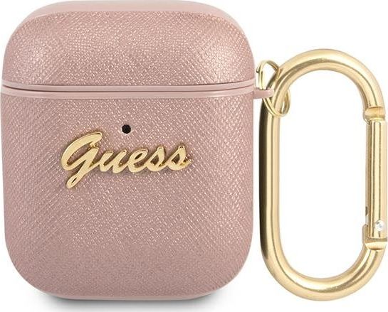 Guess Etui ochronne GUA2SASMP Saffiano Script Metal Collection do AirPods 1/2 różowe