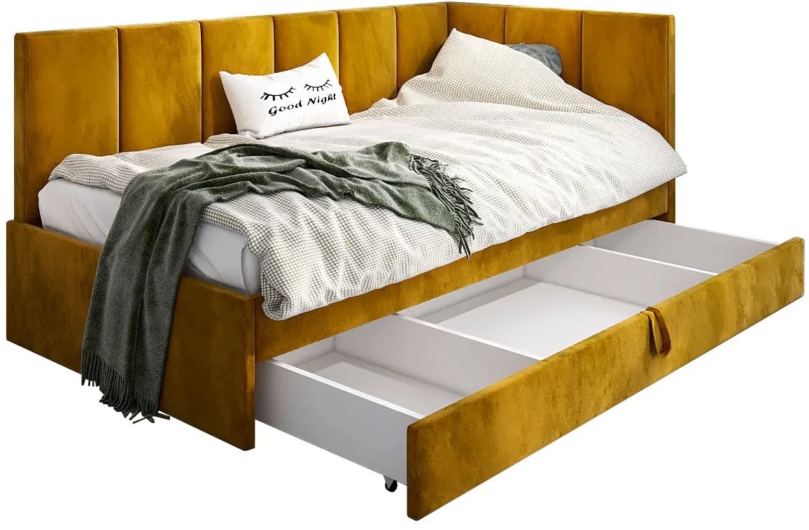 Łóżko młodzieżowe AURA 2 100x200 curry z tapicerowanym panelem L i szufladą MKPOL