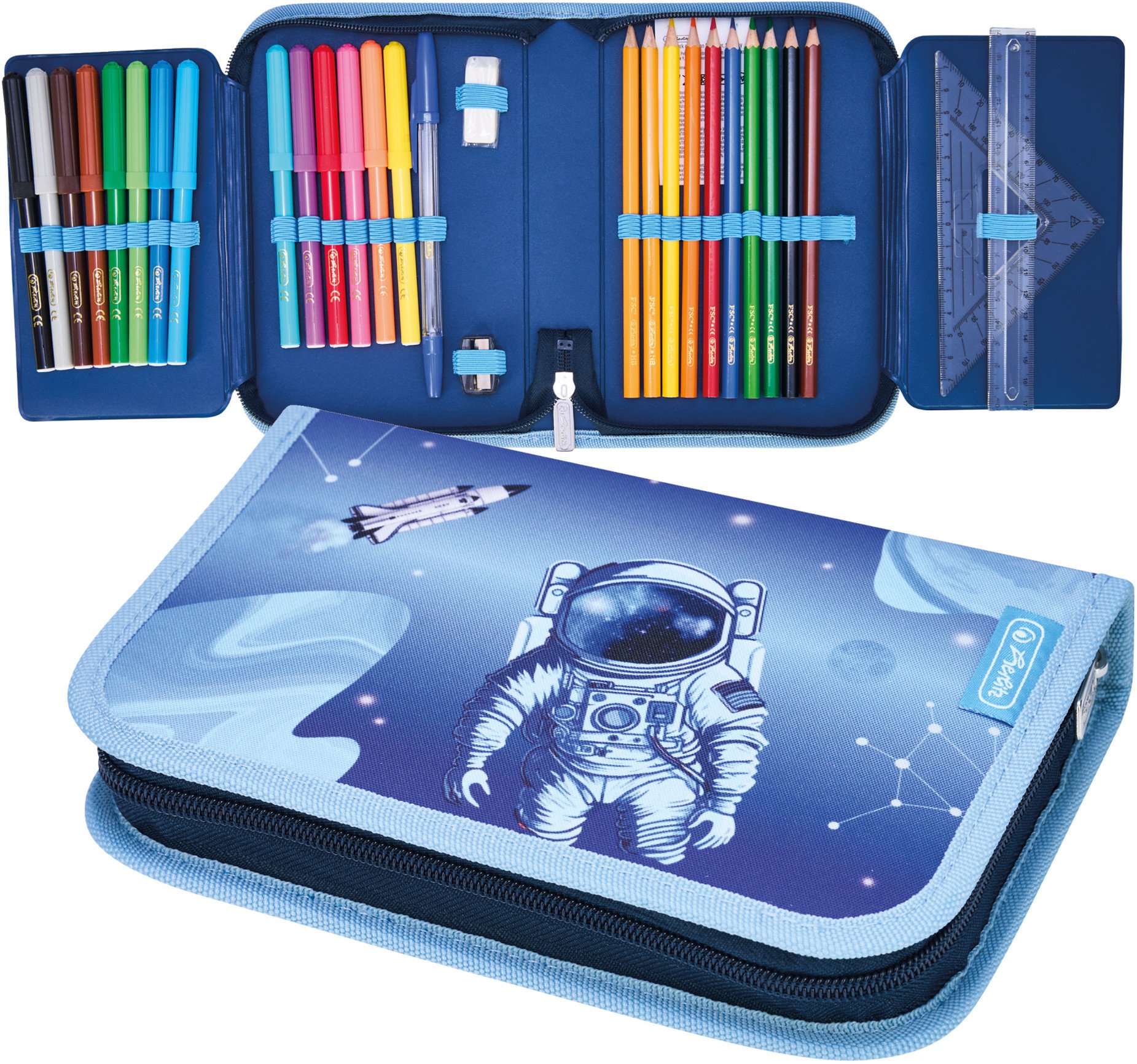 Piórnik rozkładany pojedynczy dwuklapkowy z wyposaż 31el kosmonauta HERLITZ