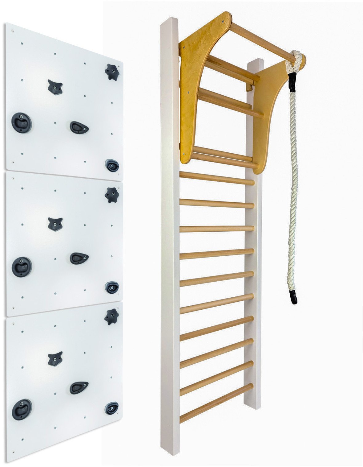 Drabinka gimnastyczna LEON 240x80 biała + drążek + ścianka wspinaczkowa