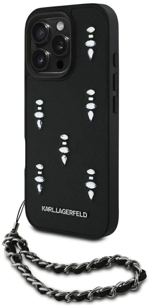 Etui Karl Lagerfeld Saffiano Crystals w/Chain do iPhone 16 Pro czarny