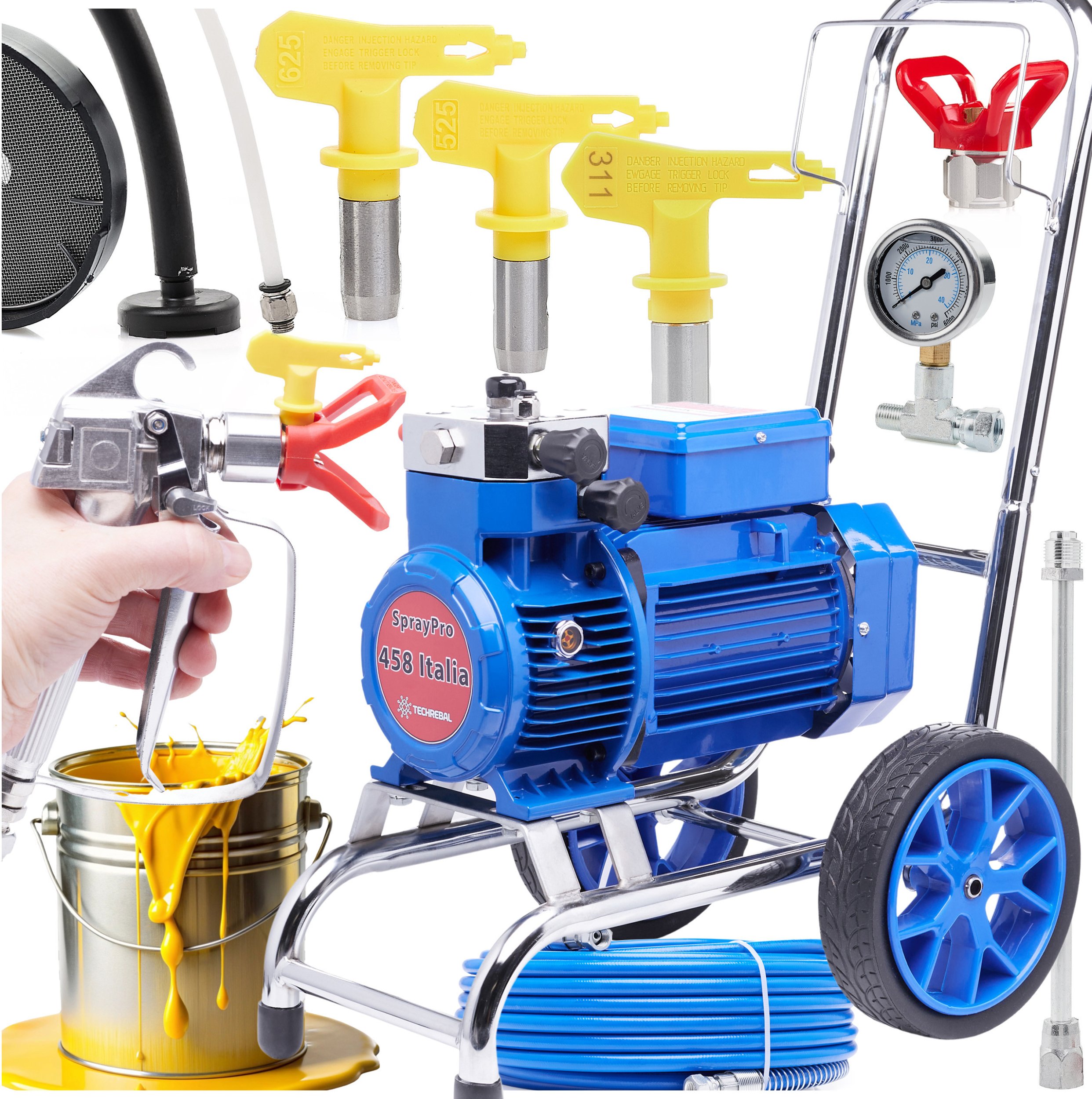 Duży Mocny Agregat Malarski 4500W 28L/min Wąż 15m 3x Dysza Lanca Rama Inox