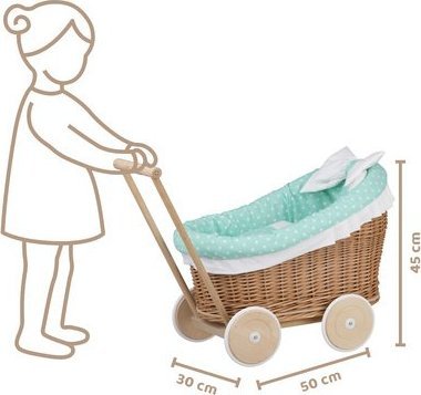 WickerPL LUNA WÓZEK WIKLINOWY DLA LALEK Z OBSZYCIEM miętowym 50X30 H45 CM