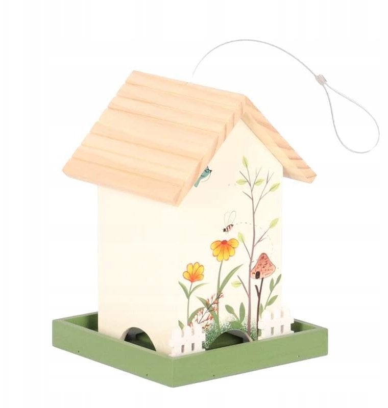 Karmnik dla ptaków, drewniany, wiszący, obrazek 18x18x25 cm