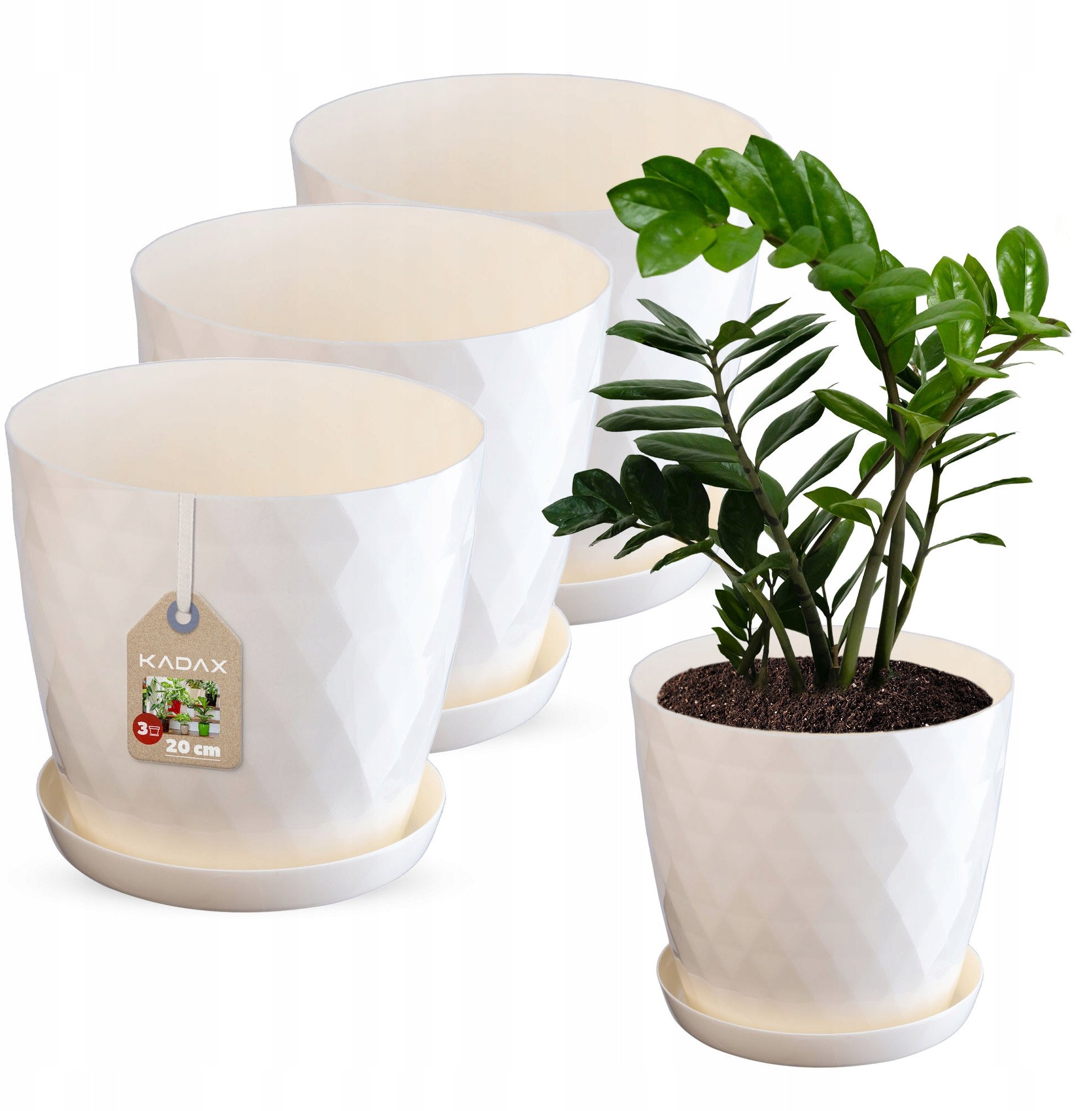 KADAX 3x Doniczka 20cm Osłonka + Podstawka Kremowa