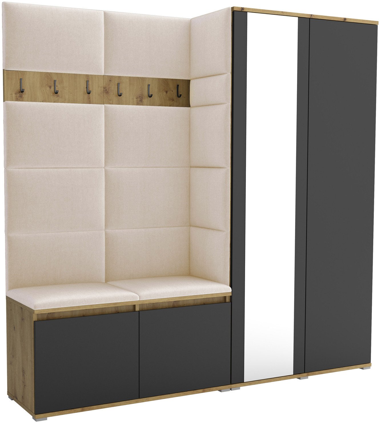 Tapicerowana garderoba Noris IV z lustrem - kolor artisan z czarnym frontem + tkanina Trinity 01