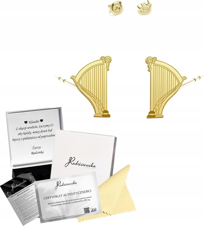 Radziszewska Jewellery Złote Kolczyki HARFA Muzyka SREBRO 925 Prezent Kobieta DEDYKACJA GRATIS