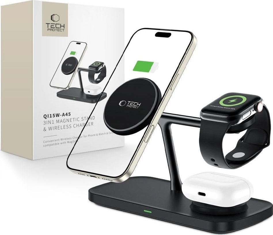 TECH-PROTECT QI15W-A45 3IN1 MAGNETIC MAGSAFE WIRELESS CHARGER BLACK