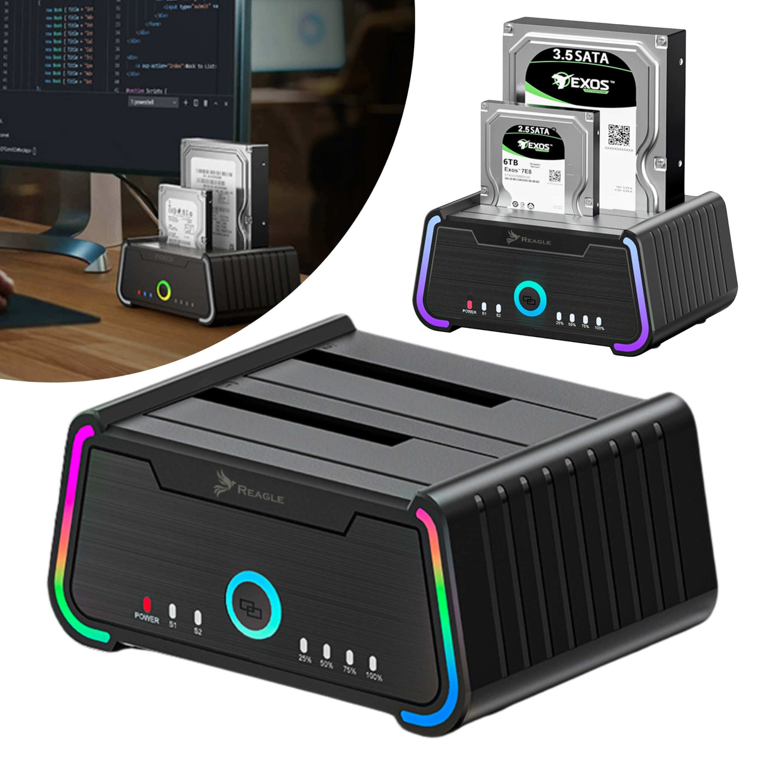 REAGLE Stacja Dokująca Klonująca Dysków 2,5, 3,5 SATA 2x HDD SSD 2x 22TB