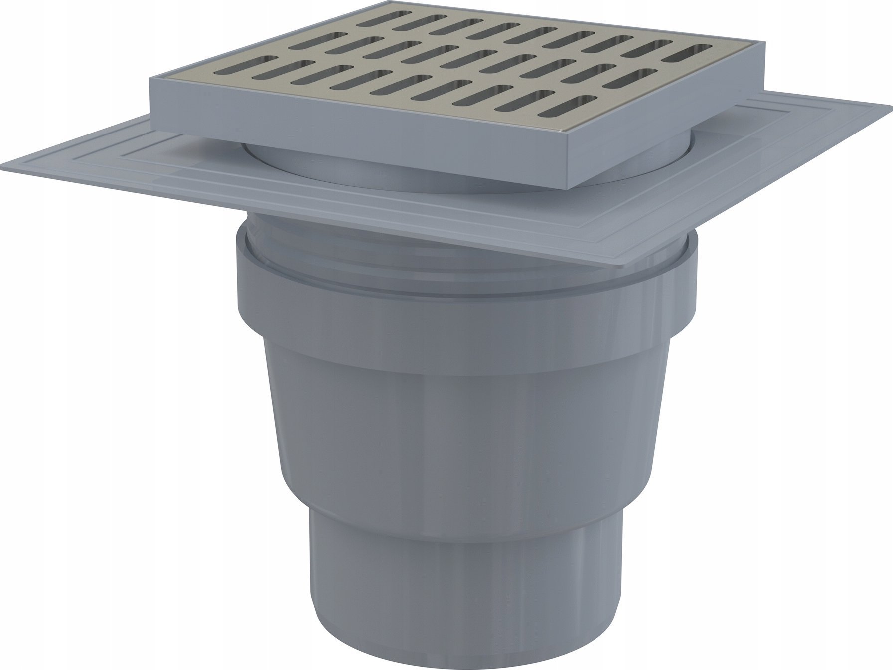 Kratka ściekowa 150×150/110 mm odpływ pionowy, kratka nierdzewna, dwa poziomy izolacji, syfon mokry