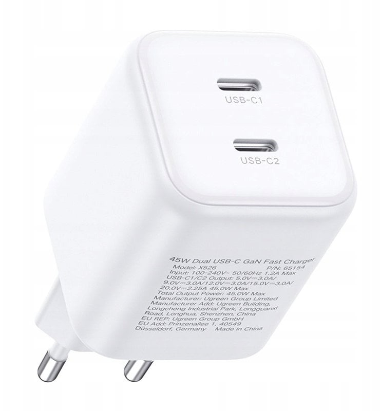Ładowarka Ugreen Ładowarka Dual USB-C GaN 45W X526 (biały)