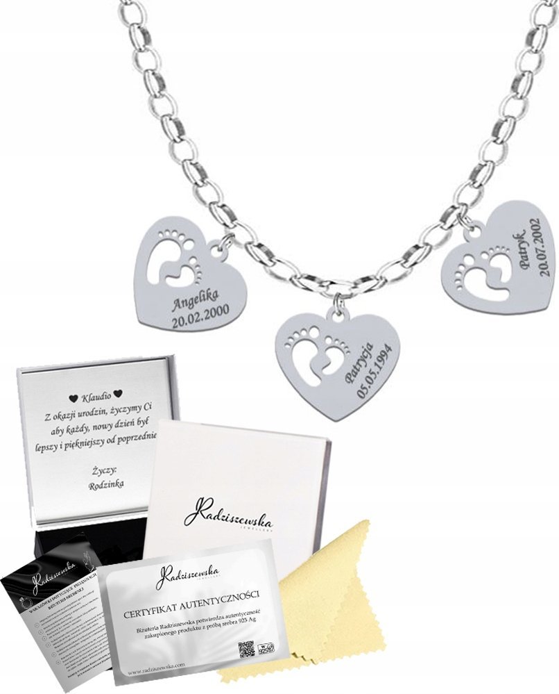 Radziszewska Jewellery Naszyjnik Srebrny z SERCAMI STÓPKI z Grawerem Prezent Dzień Mamy ŻYCZENIA