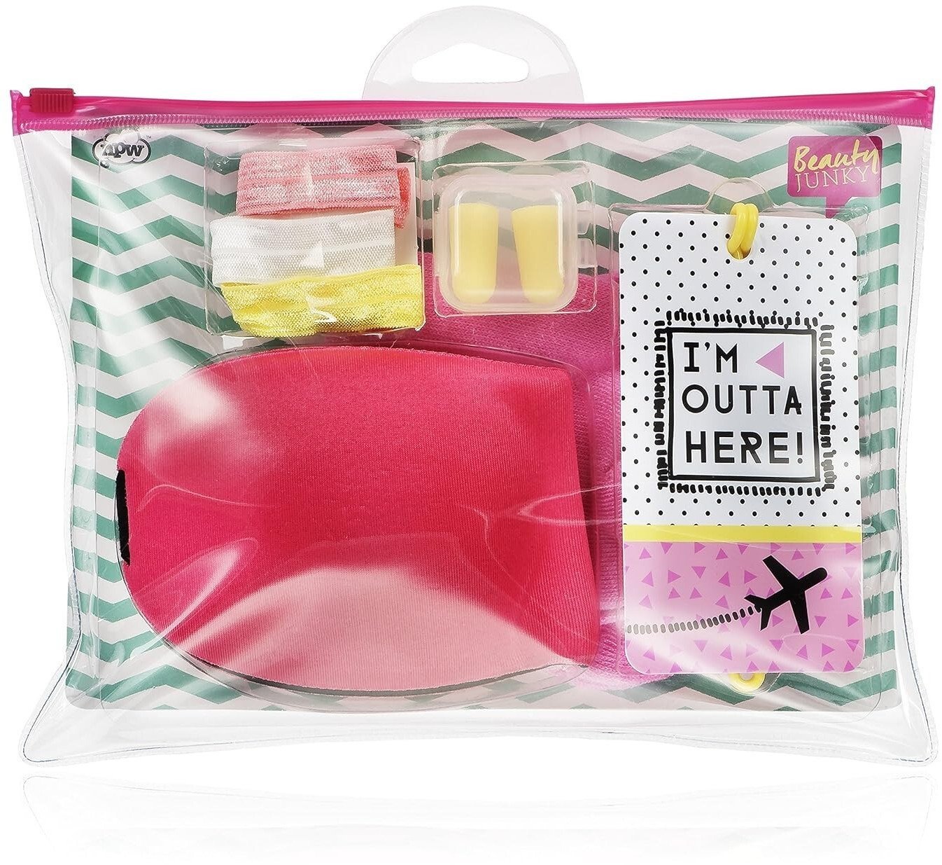 Inflight Essential Kit Set Beauty Junky: Beauty Junky, Hair Elastic, 3 pcs + Beauty Junky, Foam Earplugs + Beauty Junky, Luggage Tag, Metal Keyring +